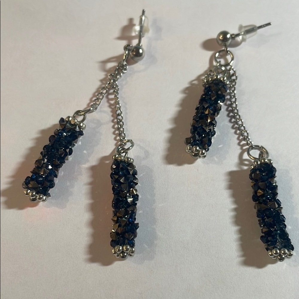 Elegant Silver and Black Blue Beaded Earrings
